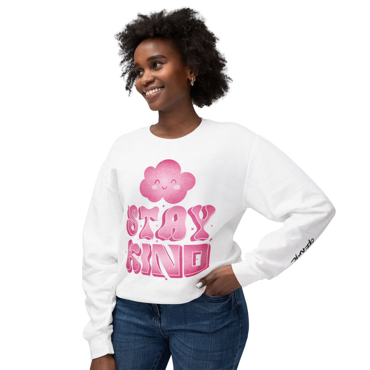 Stay Kind Crewneck Sweatshirt — Pink Cloud Positive Message Pullover