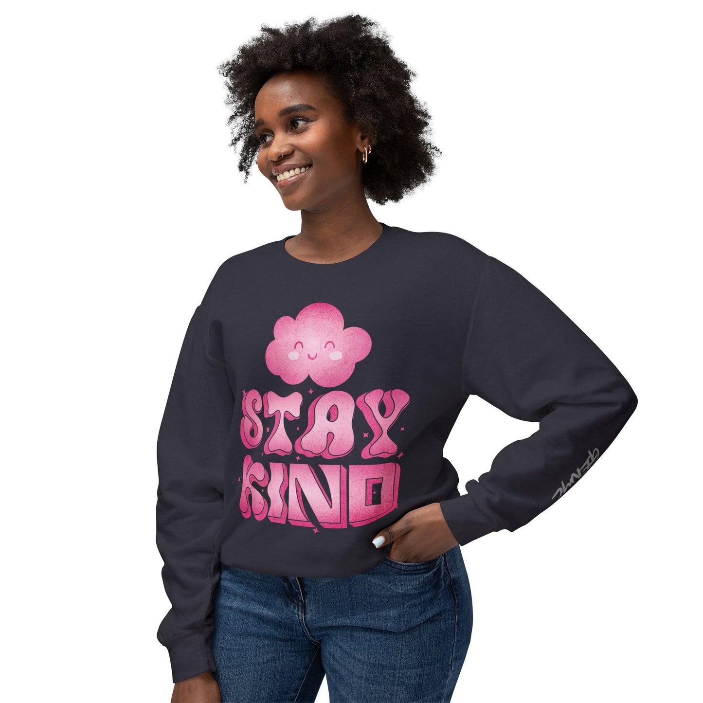 Stay Kind Crewneck Sweatshirt — Pink Cloud Positive Message Pullover
